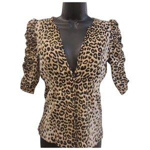 Leopard Print V-Neck Women's Button Down Top Animal Print Medium Puff Sleeve